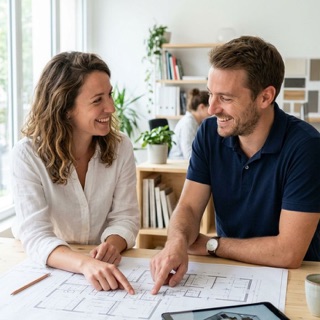 Architecte et électricien indépendants autour de plans