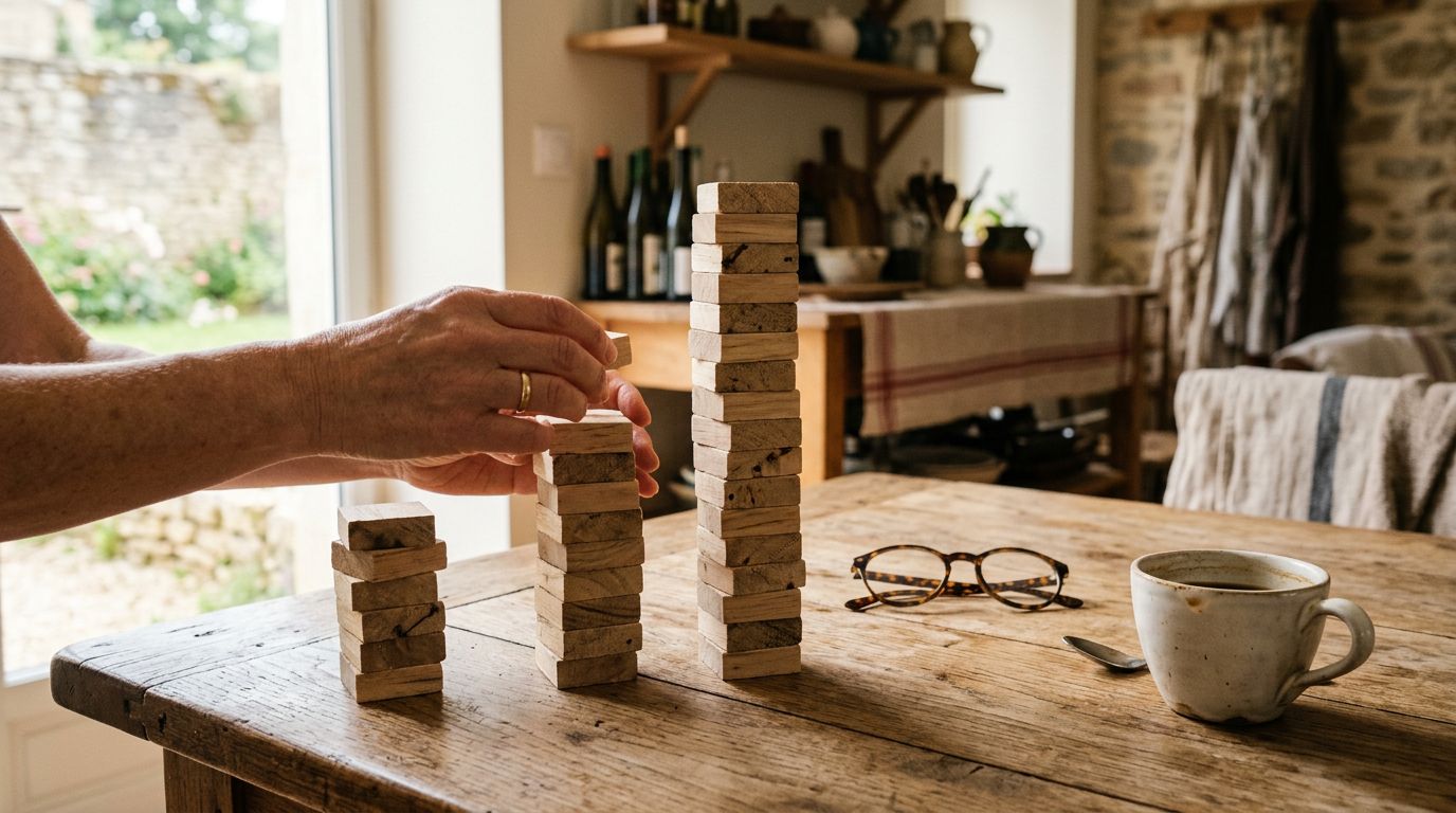 Trois piles de cales en bois de hauteurs différentes sur une table, comme trois montants de capital
