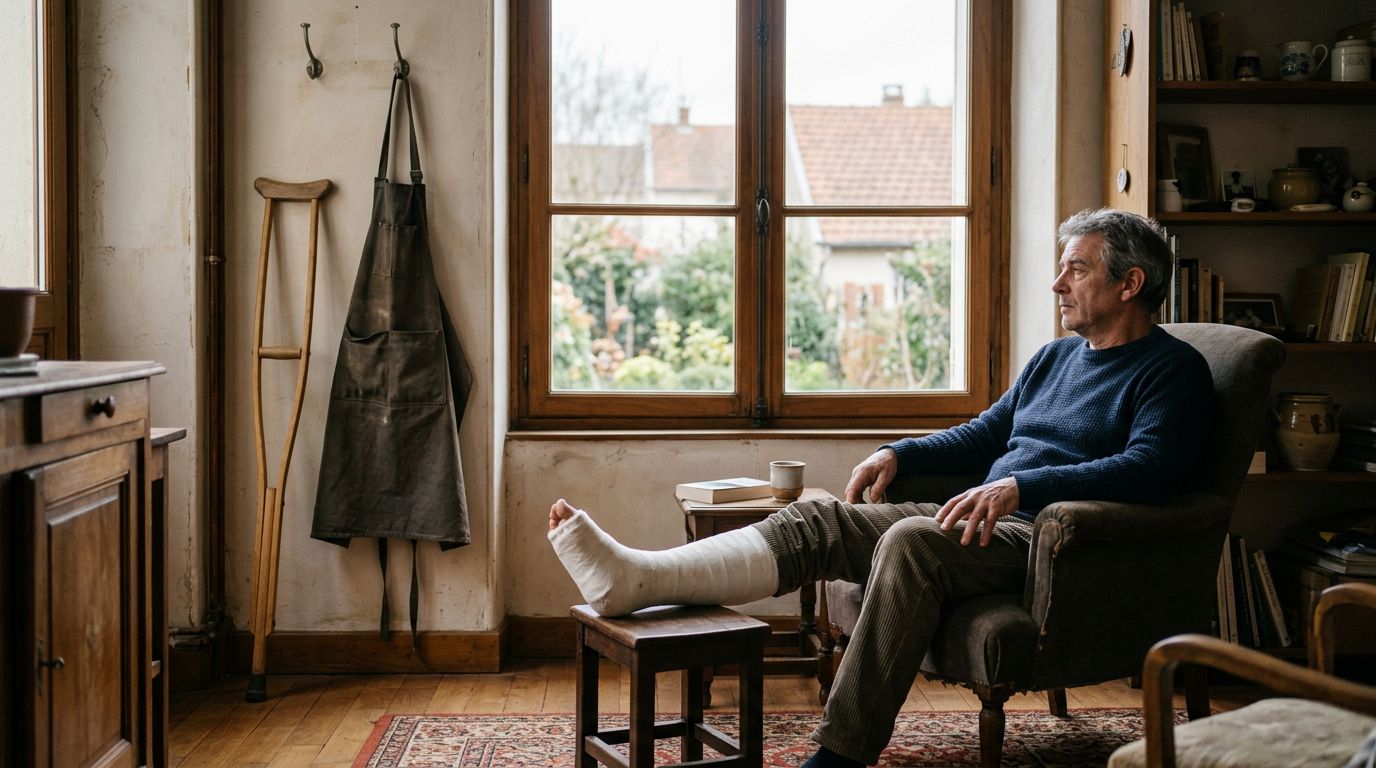 Artisan en arrêt de travail chez lui, jambe dans le plâtre et béquilles, en attente d'indemnisation