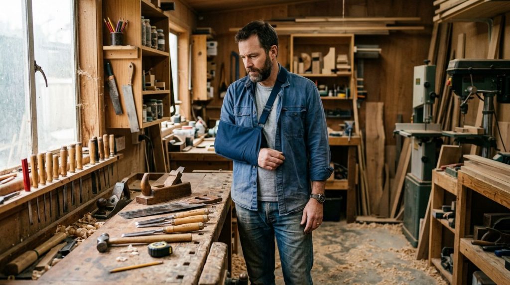 Artisan menuisier indépendant, bras en écharpe, dans son atelier à l'arrêt pendant un arrêt de travail
