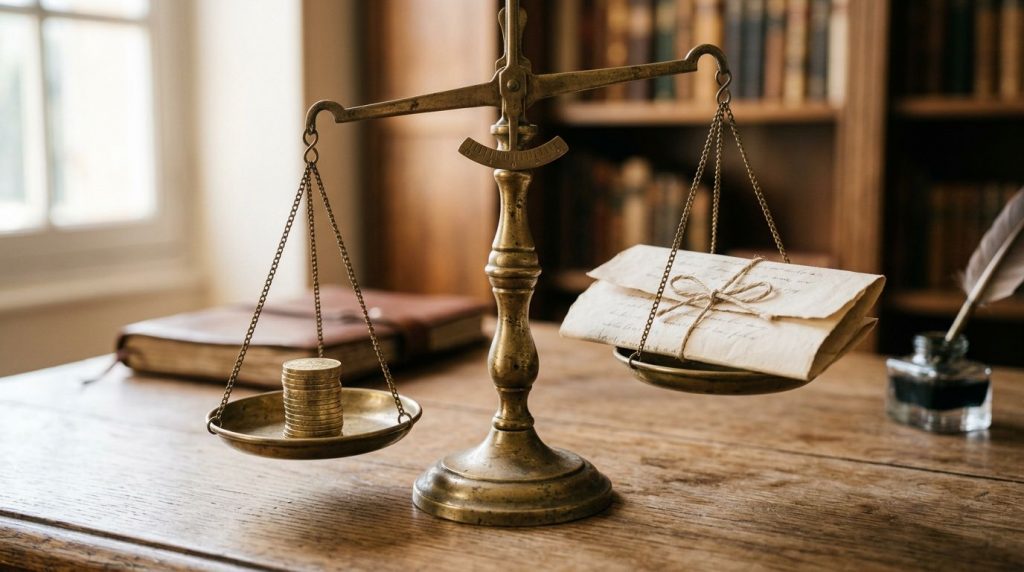 Balance à plateaux avec pièces et document, symbole du choix entre indemnisation forfaitaire et indemnitaire