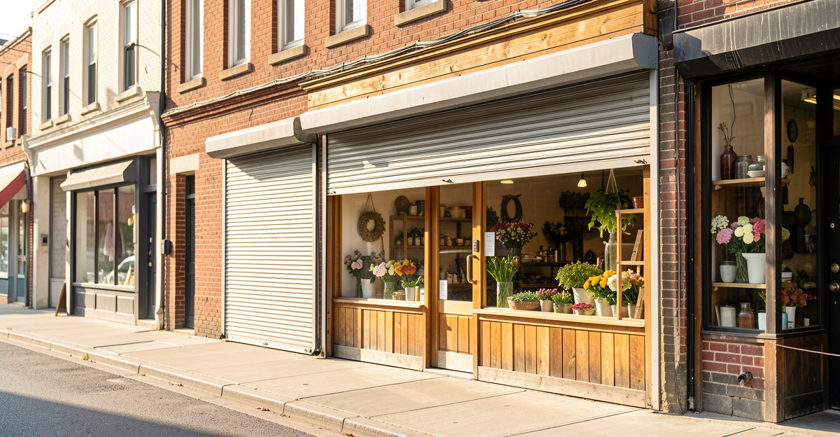 Petite boutique d'independant fermee en pleine journee, rideau metallique a moitie baisse