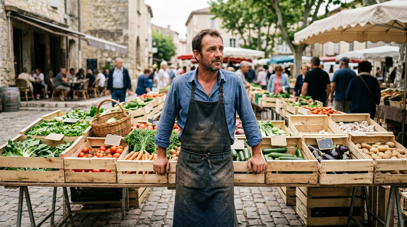 Maraîcher indépendant sur son étal de marché, illustration des revenus irréguliers d'un travailleur non salarié